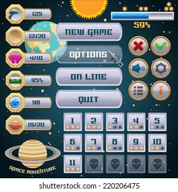 Space arcade adventure game menu interface design template vector illustration