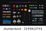 Space Arcade game interface elements with Pixel Art icons, Planets, Ufo aliens, space ships, rockets. Vintage 8-bit computer game in 80s -90s style. Retro video game sprites. Vector template