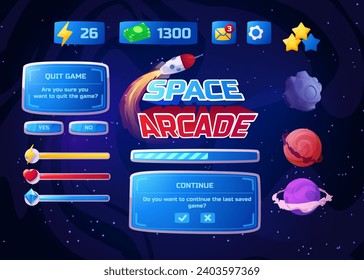 Space arcade game menu interface. Vector space game home screen settings, game menu with rocket flying and planets. Graphic user Gui panel with assets, buttons and bars, levels and bonus