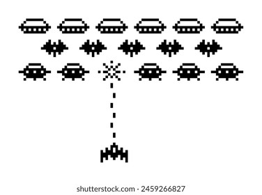 Space Arcade. Pixel art 8-bit retro video game with alien ufo spaceships and rocket. Intergalactic battle with invaders. Vector scene 80s computer style. Flying invader and defenders