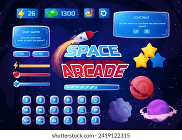 Space arcade, set of game design elements, cartoon style vector illustrations. Galaxy planets, rockets, stars, font and interface vector buttons. Objects for app, ui, menu interface