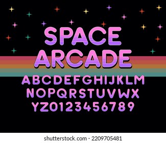 Space Arcade vector font design. Retro vintage modern round bold font with purple colors. Gaming, sci-fi and other retro, oldschool subjects. 80s and 90s style