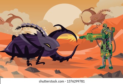 space army on mars shooting giant alien beetles