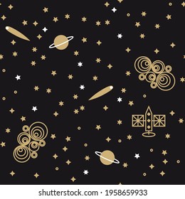 Space art deco universe repeat pattern in black and gold