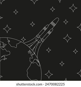 Space Art mit Raketenstart von der Erde. Interkontinentalraketen starten von Globe im modernen handgezeichneten Cordel-Holzschnitt-Stil. Retro Grunge Vektorgrafik kann T-Shirt-Print, Buch-Illustration verwendet werden. 