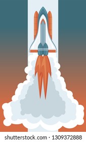 Space art, rocket launching vector retro style illustration. SpaceX Falcon Heavy shipped by Elon Musk. Vector cartoon Falcon Heavy for web, postcard, poster, clothing print. Space ship with steam.