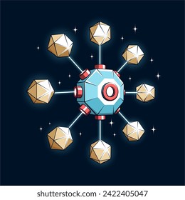 Artefacto espacial. Un dispositivo extraño con bordes y cristales geométricos a su alrededor. Ilustración vectorial.