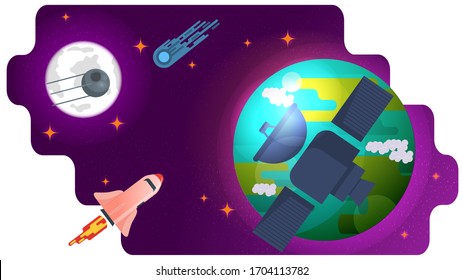 Space artificial satellite, flying past a large planet, in space, design concept, flat vector illustration