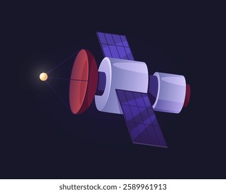 Space artificial satellite with panels and technologies to connect with earth. Vector isolated shuttle placed on orbit. Gps and network, internet and connection technologies by scientists