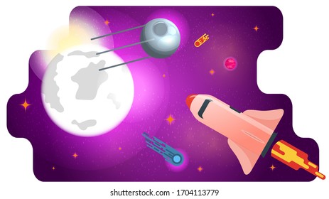 Space artificial satellite, and Shuttle, rocket, fly in space to the planets, design concept flat, vector illustration