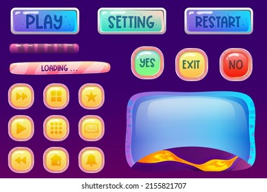 Space Assets, Game Ui Interface Kit With Button And Screen. Isolated Cartoon Vector Illustration. Mobile Web Design Game Elements. Set Menu App. Play Template Space Interface.