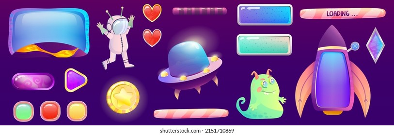 Space Assets For Ui Game Interface With Alien, Spaceship And Flying Saucer. Buttons And Screen For Application. Cartoon Vector Illustration. Spaceship Rocket 2d Game Art.