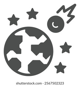 Space asteroid flies to earth planet solid icon, insurance event concept. Vector graphics. Falling asteroid high risk sign on white background, glyph style icon for mobile or web design