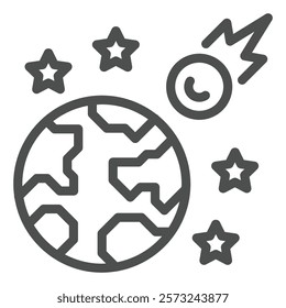 Space asteroid flies to earth planet line icon, insurance event concept. Vector graphics. Falling asteroid high risk sign on white background, outline style icon for mobile or web design