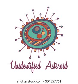 Space asteroid logo. Hand drawn full color brand sign