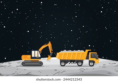 Space asteroid mining | Excavator and dump truck working at asteroid mine | Moon mining	