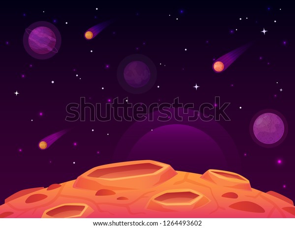 Space asteroid surface. Planet with craters\
surface, space planets landscape and comet crater. Futuristic\
atmosphere, meteorite rain horizon land, moon destruction cartoon\
vector illustration