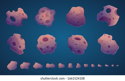 Space asteroids. Cosmic colorful different stones fantastic size stars rocks burn vector cartoon set