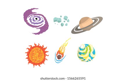 Space Asteroids and Meteorite Vector Set. Space Comets and Planets Collection