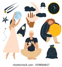 Space, astrological collection. A girl hugs the sun, a woman holds the moon in her hands, a bag of stars, a rocket. A set of mystical elements. Vector illustration in flat style