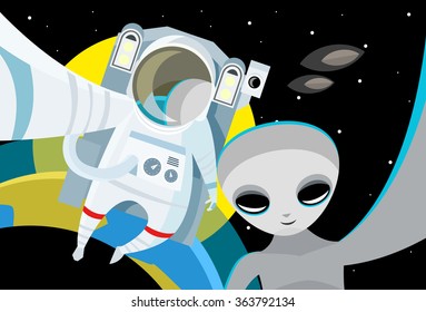 space astronaut and alien floating in earth orbit