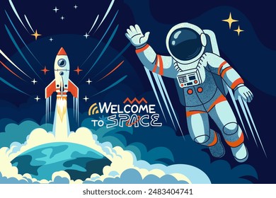 Space astronaut background. Spaceship or rocket landing, planet Earth. Future, spaceman. Technology cosmos, cosmonaut shuttle flight, science backdrop. Vector universe explore cartoon style set