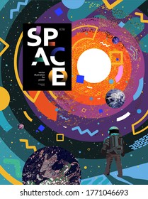 Space and astronaut banner template. Vector illustration of cosmonaut stands on surface, planets, solar system, abstract bright design of the galaxy universe. Drawings for poster, banner or postcard