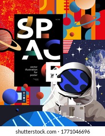 Space And Astronaut Banner Template. Vector Illustration Of Cosmonaut, Saturn, Different Planets, Astronomy, Stars, Abstract Bright Design Of Galaxy Universe. Drawings For Poster, Banner Or Postcard