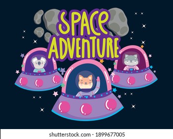 Space Astronaut Cat Koala And Raccoon Spaceship Adventure Explore Animal Cartoon Vector Illustration