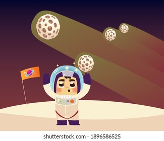 space astronaut character flag planets and comet cartoon vector illustration