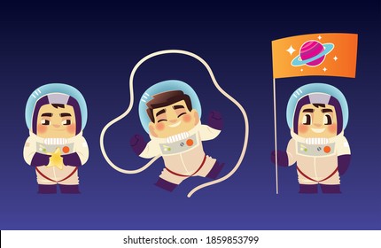 space astronaut character with flag and suit icons vector illustration