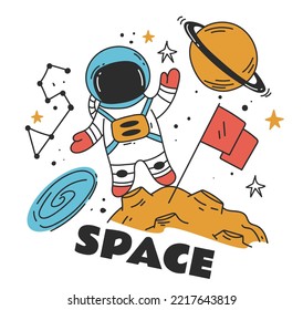 Space astronaut character galaxy planet logo t shirt print cosmos concept. Vector graphic design illustration element