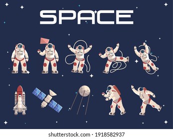 space astronaut character in spacesuit satellite spaceship vector illustration