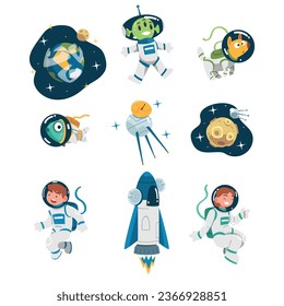 Space with Astronaut Character in Spacesuit, Shuttle and Planet Vector Set