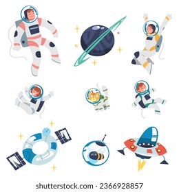 Space with Astronaut Character in Spacesuit, Shuttle and Planet Vector Set