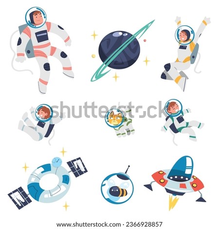 Space with Astronaut Character in Spacesuit, Shuttle and Planet Vector Set