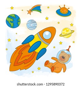 SPACE Astronaut Children Cartoon Vector Illustration Set for Print, Fabric and Design.