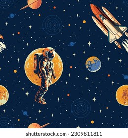 Space astronaut colorful pattern seamless with man flying in independence and planets among starry sky vector illustration