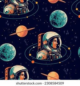 Space astronaut colorful seamless pattern with man in spacesuit among planets and stars galaxy for scenery sci-fi books vector illustration