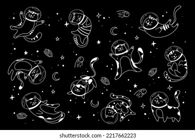 Space astronaut space cute cat pet line art isolated concept set. Vector graphic design element illustration