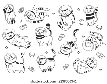 Space astronaut space cute cat pet line art isolated concept set. Vector graphic design element illustration