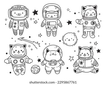 Space astronaut space cute cat pet line art isolated concept set. Vector graphic design element illustration