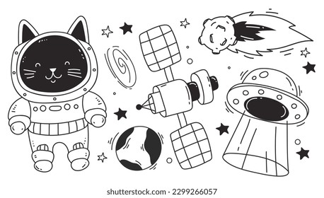 Espacio astronauta espacio lindo gatito línea de mascotas arte aislado conjunto de concepto. Ilustración del elemento de diseño gráfico del vector