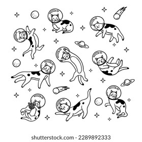 Space Astronaut Cute Cat Sign Black Thin Line Set Different Poses. Vector illustration of Kitten Cosmonaut