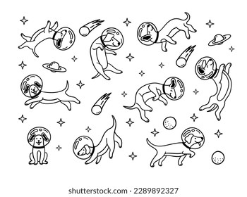 Space Astronaut Cute Dog Sign Black Thin Line Set Different Poses. Vector illustration of Puppy Cosmonaut