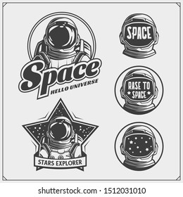 Space and astronaut emblems, labels and design elements. Vintage style. Monochrome design.