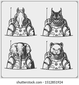 Space and astronaut emblems, labels and design elements. Horse, elephant, bobcat and puma in a space suit. Print design for t-shirt. Monochrome design.