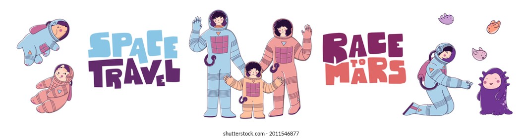 Space astronaut family. Space travel, mission to Mars, tourism, colonization of Mars.