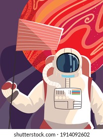 space astronaut with flag planet explore universe vector illustration