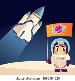 space astronaut with flag and spaceship cartoon vector illustration
